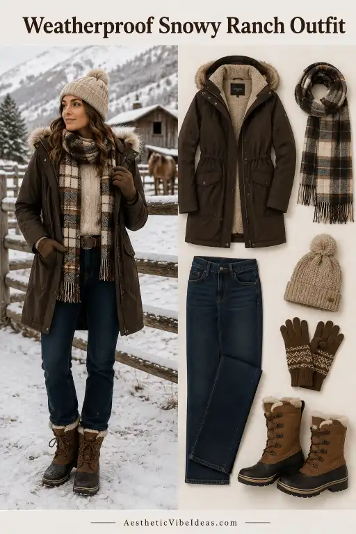 Weatherproof snowy ranch outfit with parka and waterproof boots