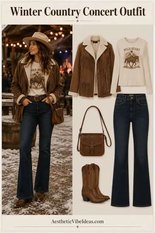Winter country concert outfit with fringe jacket and jeans