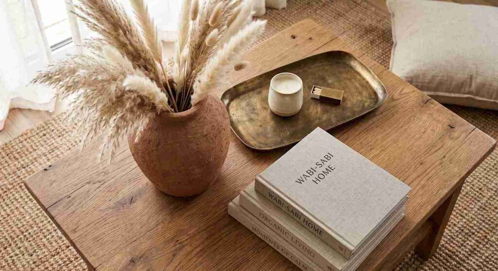 Coffee table vignette demonstrating the 3-texture rule with ceramic pottery, brass bowl, and linen book covers