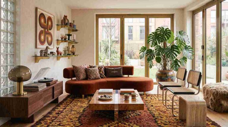 Modern living room styled with warm 70s home decor and curved velvet sofa