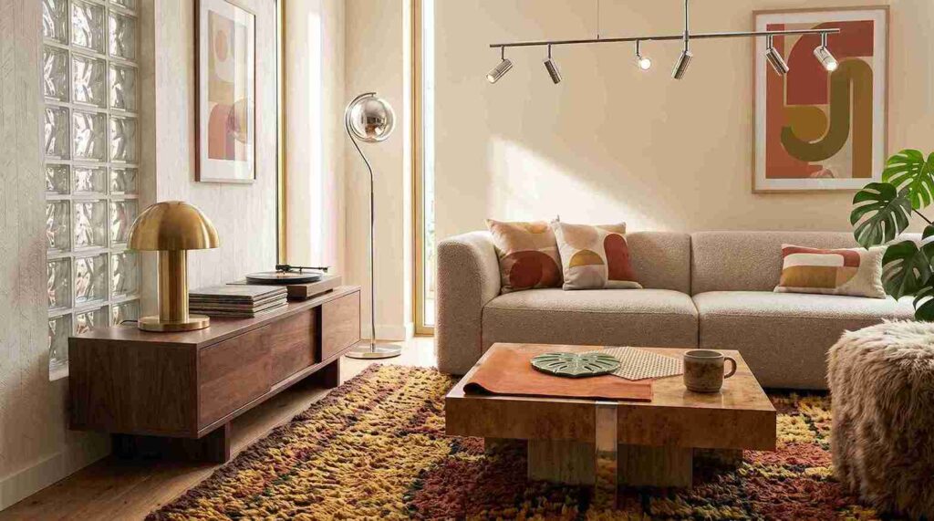 Contemporary room with subtle 70s home decor accents and chrome lighting