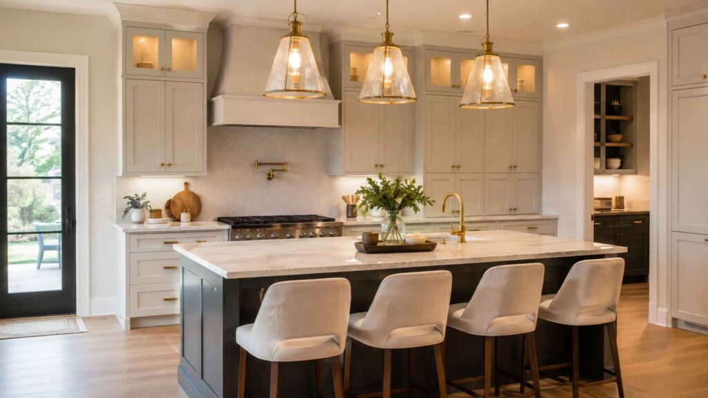 modern kitchen island lighting ideas with warm pendant lights