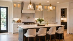 modern kitchen island lighting ideas with warm pendant lights