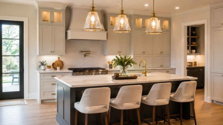 modern kitchen island lighting ideas with warm pendant lights