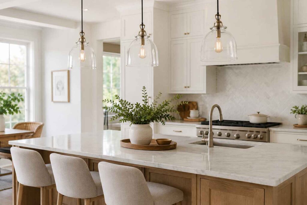 clear glass pendant lights above a kitchen island