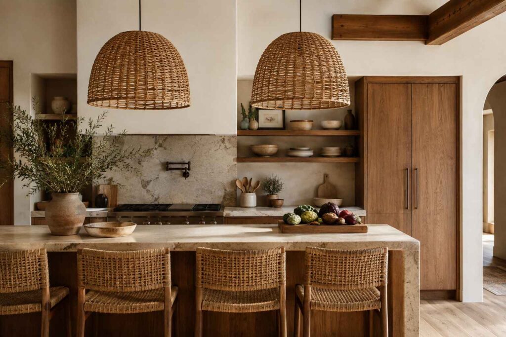 woven rattan lights above a neutral kitchen island