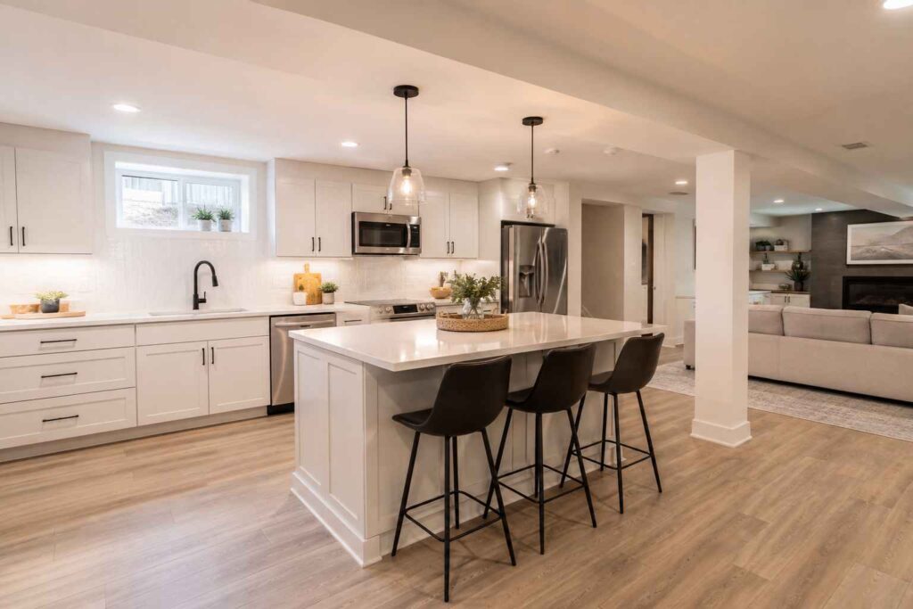 basement kitchen island with compact pendant lighting
