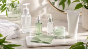 top skin care products for oily skin arranged on a clean vanity