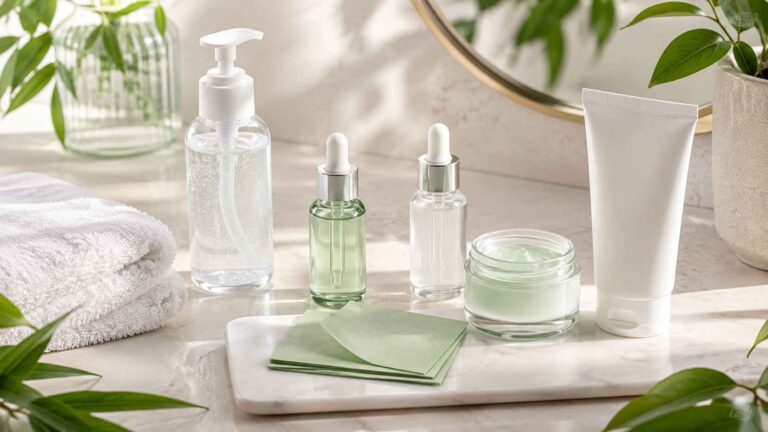top skin care products for oily skin arranged on a clean vanity