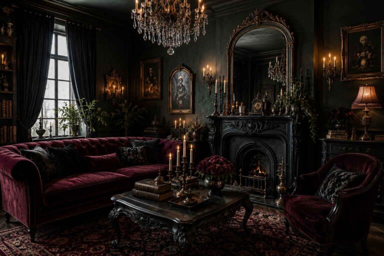 gothic home decor living room with velvet furniture and antique mirror