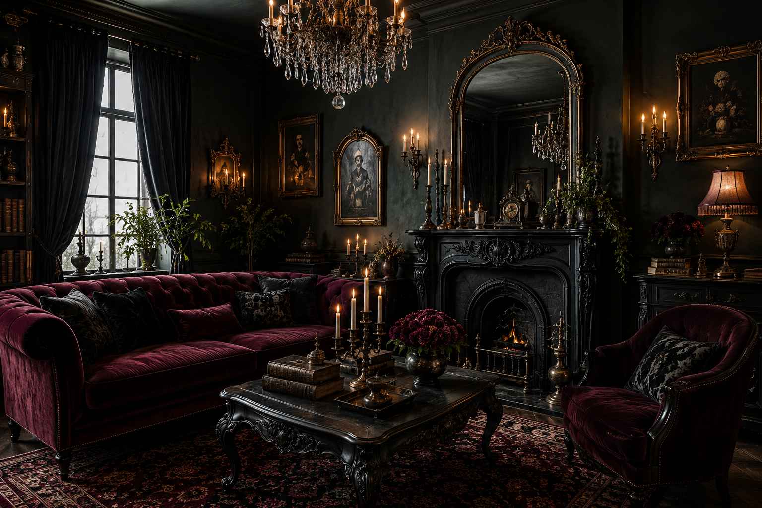gothic home decor living room with velvet furniture and antique mirror