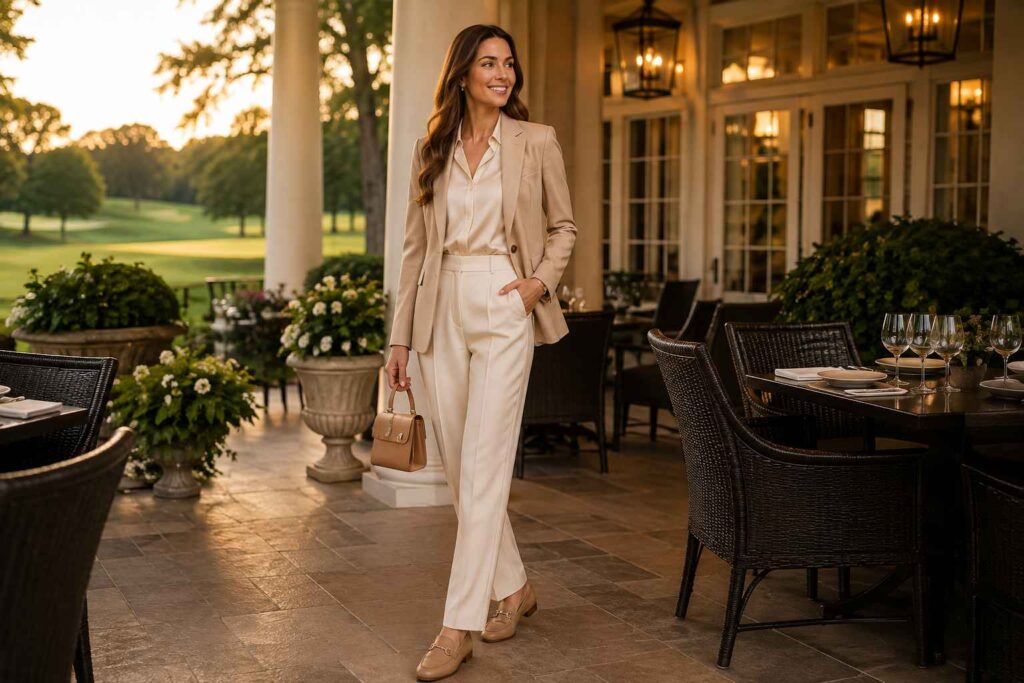 country club dinner outfit with tailored blazer