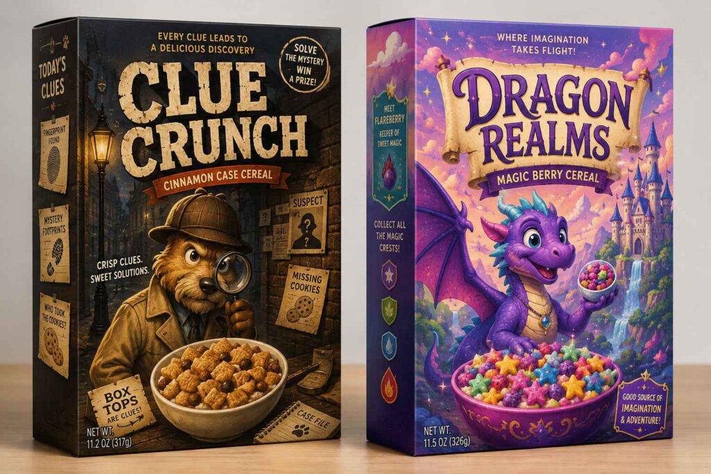 creative mystery and fantasy cereal box designs