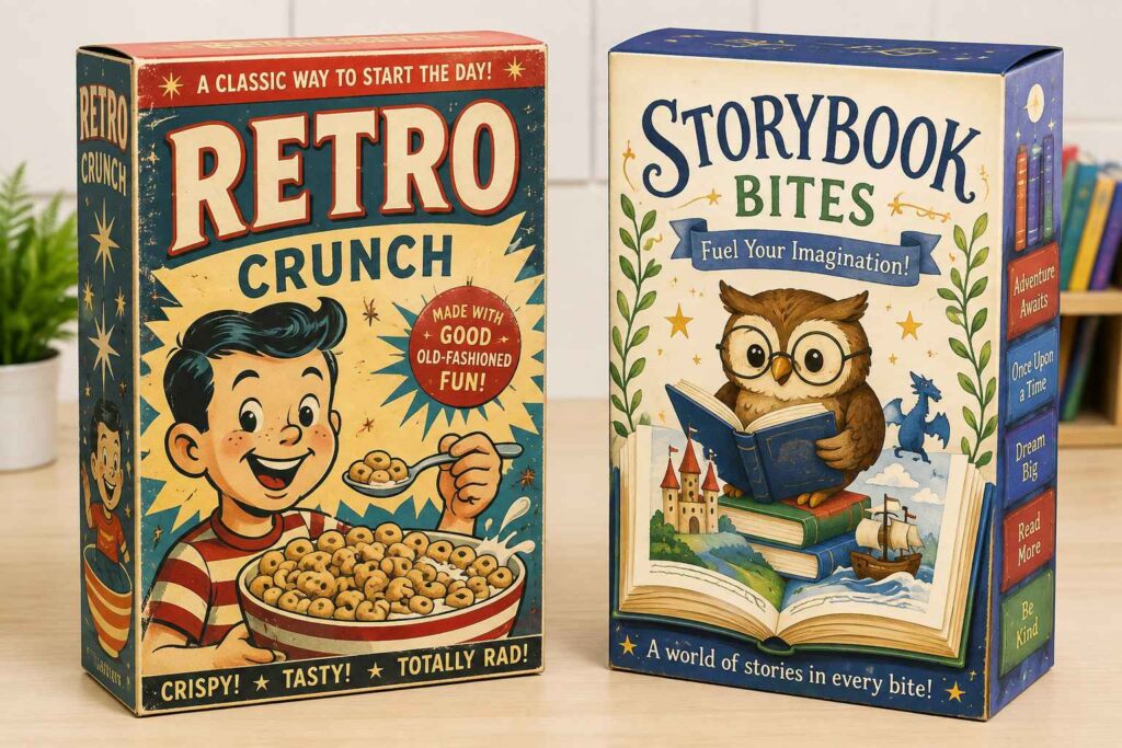 retro and book themed cereal box project