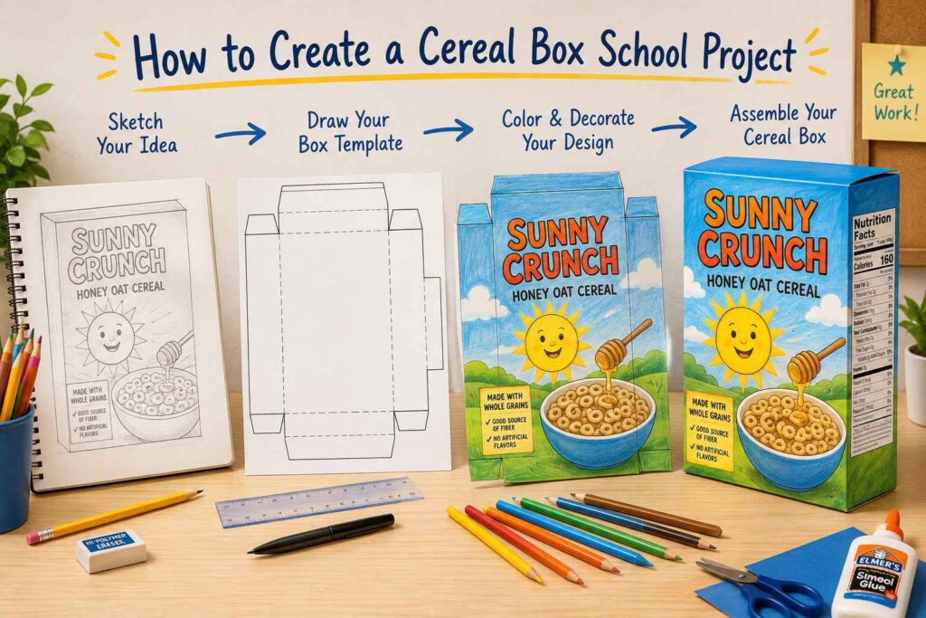 steps for creating a cereal box school project