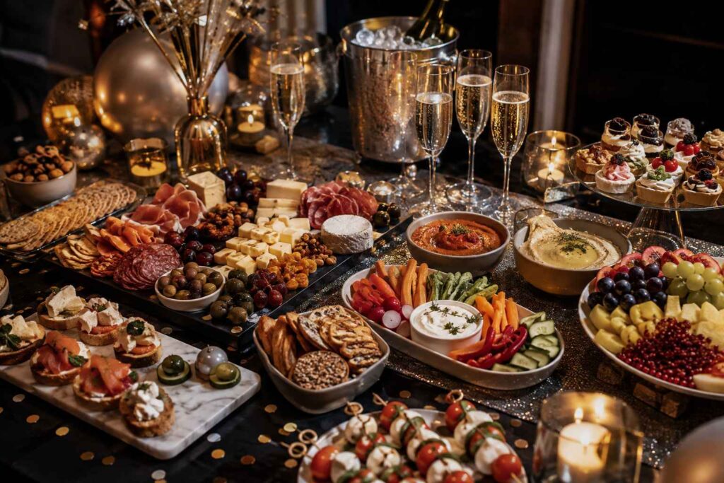 New Year's Eve party food table with easy recipes