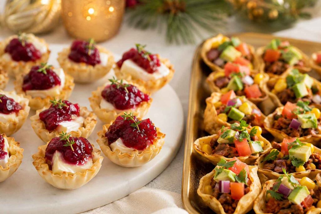 cranberry brie bites and mini taco cups for a party