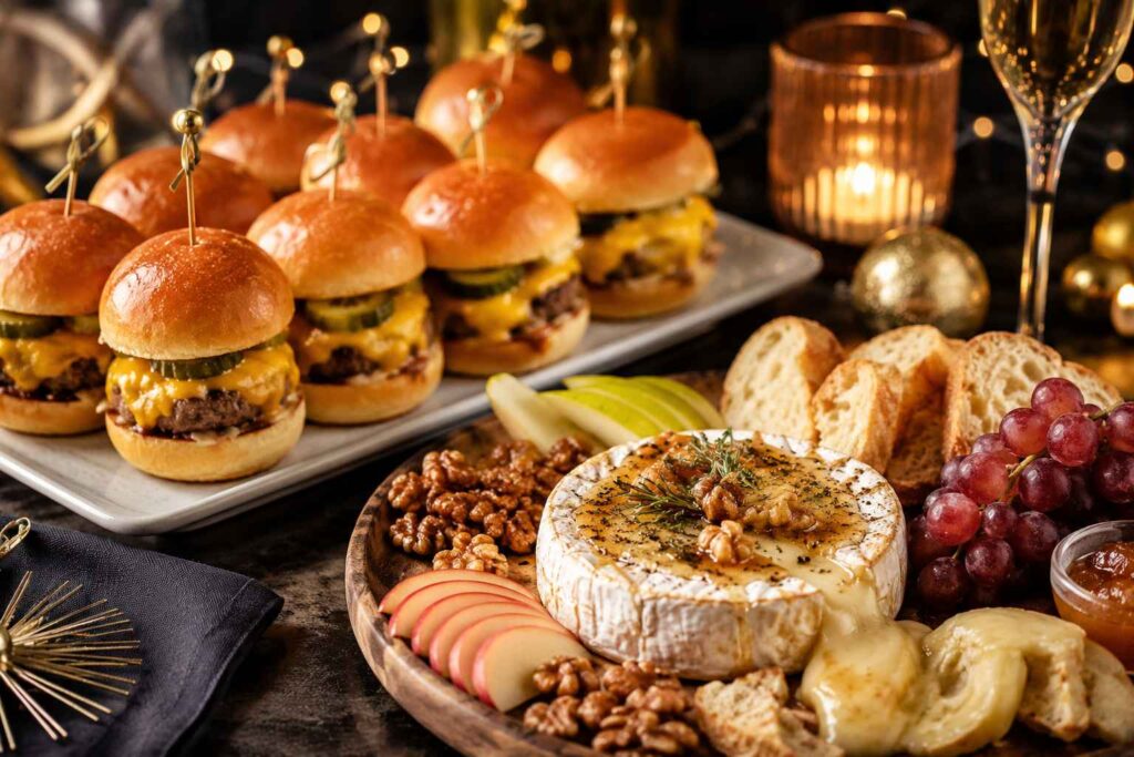 New Year's Eve sliders and baked cheese board
