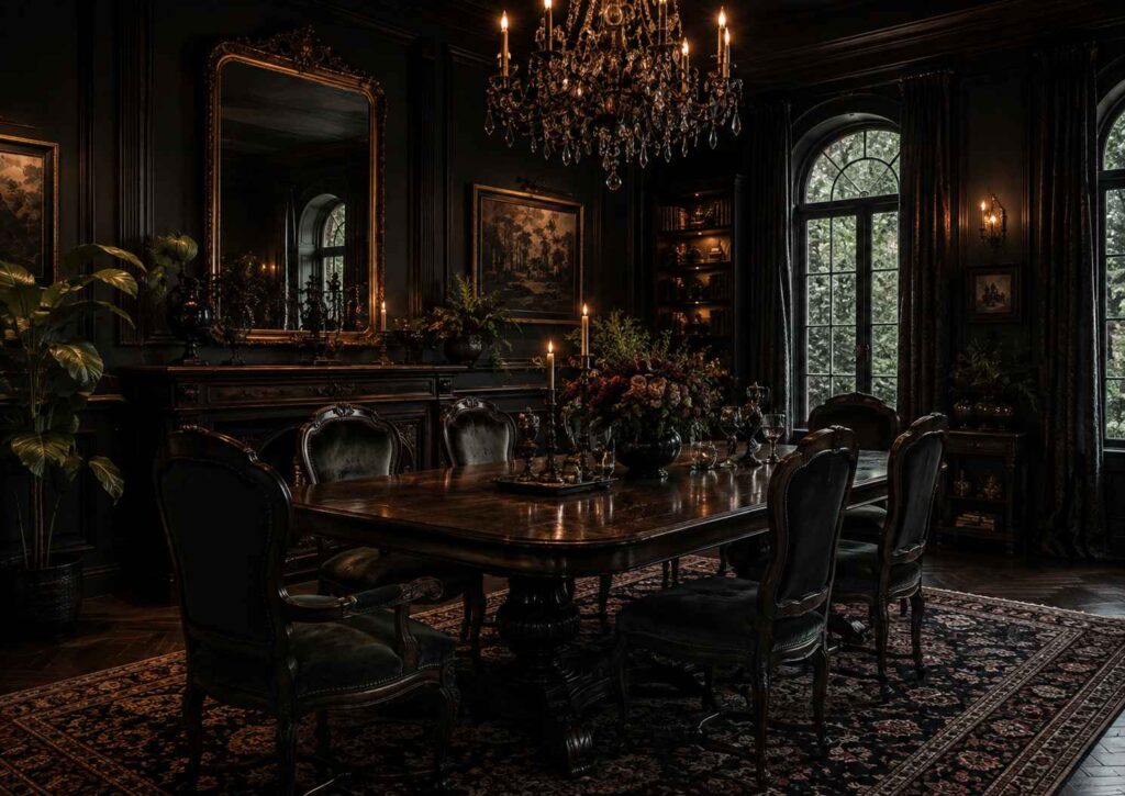 Modern gothic home decor with dark green walls