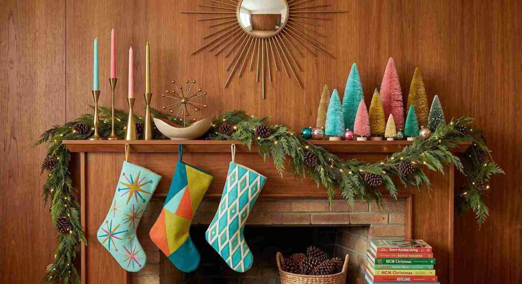 Mid mod Christmas mantel decor with asymmetrical greenery and retro stockings.