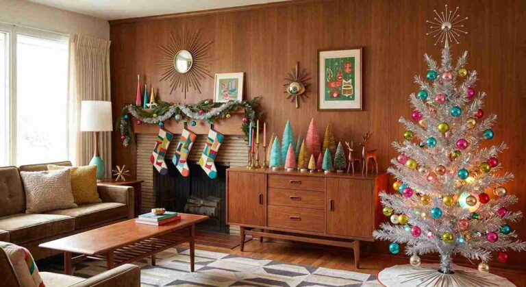 Mid mod Christmas decor setup with silver tree and retro styled mantel in a living room.