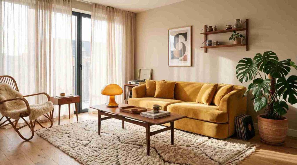Earthy mustard yellow and terracotta color scheme in 70s interior design