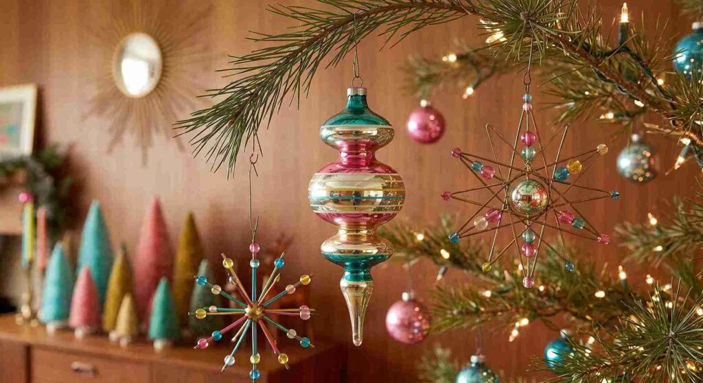 Mid century modern Christmas tree ornaments with colorful atomic glass finials.