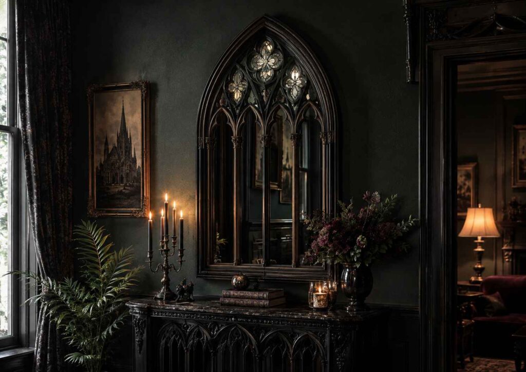 Cathedral mirror, pointed arches and stained-glass details