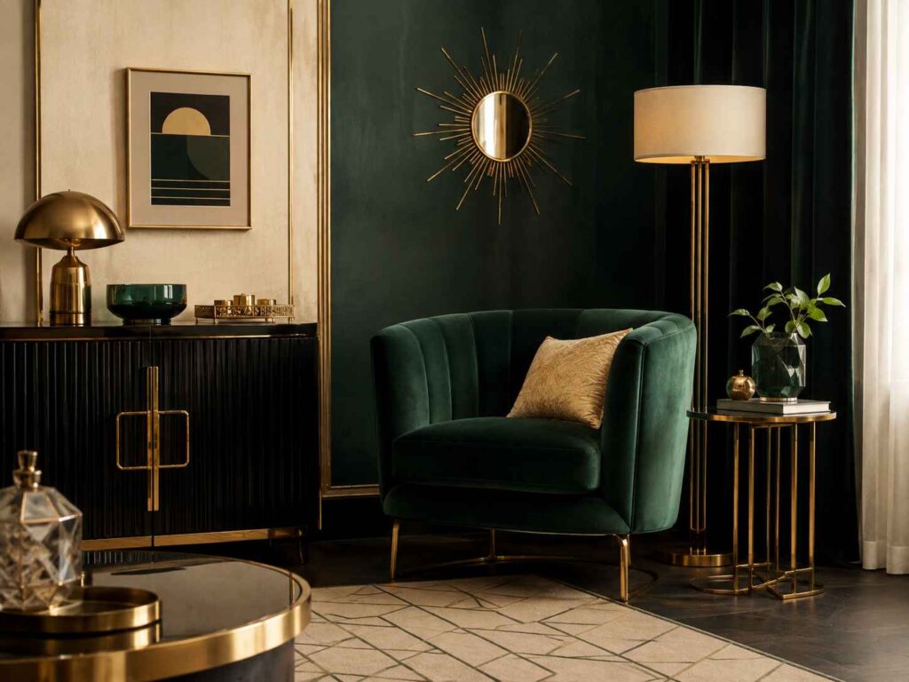 art deco home decor living room with emerald sofa and brass details