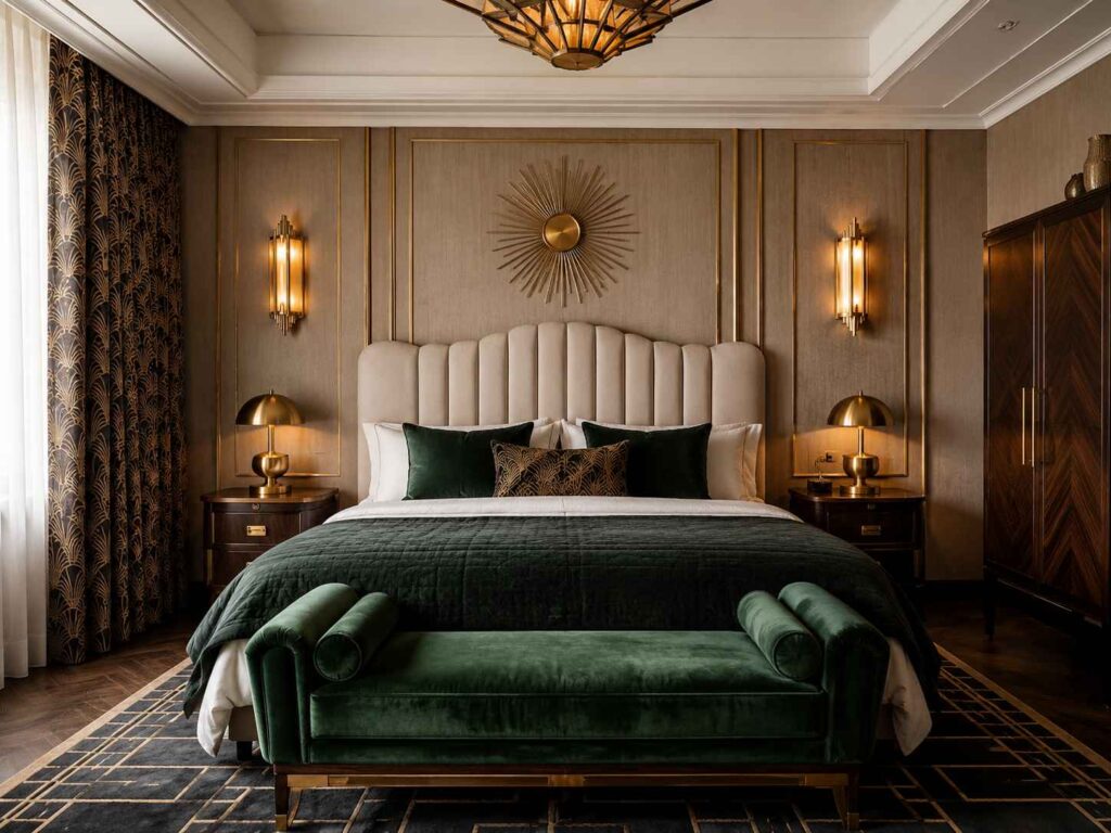 Art Deco bedroom with curved headboard and brass lighting