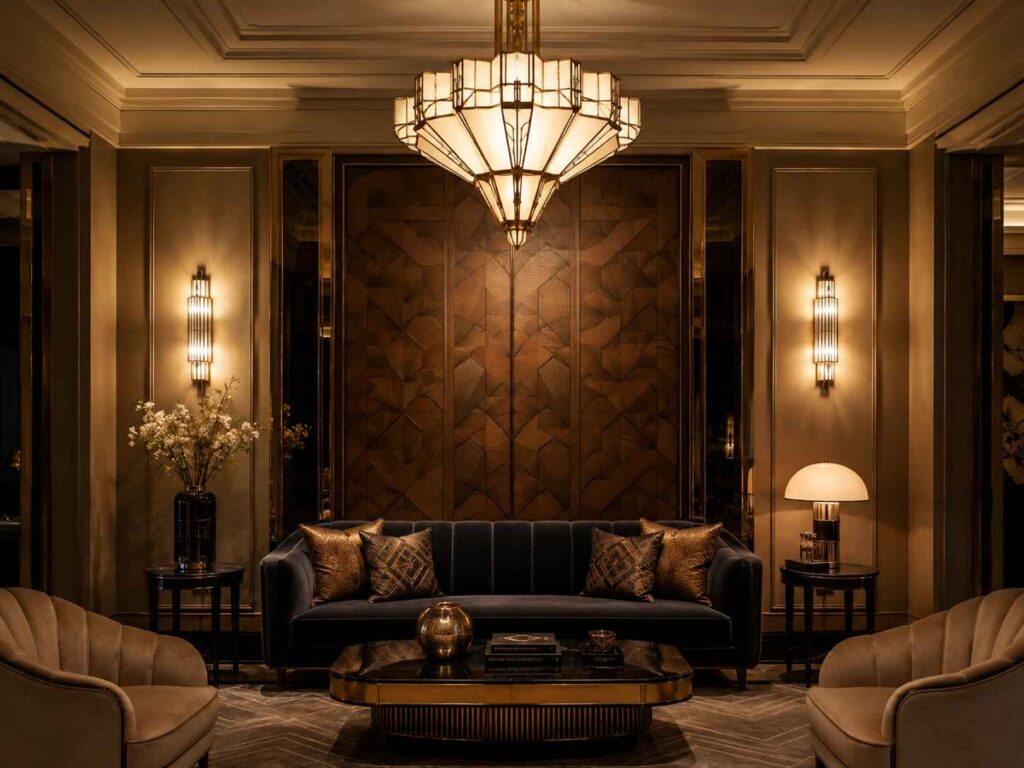 brass and mirrored accents in modern Art Deco decor