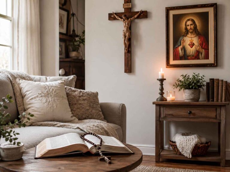 catholic home decor with crucifix sacred art and warm neutral styling