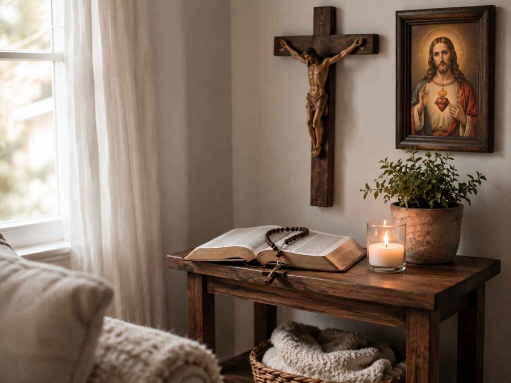small Catholic prayer corner with Bible rosary and candle