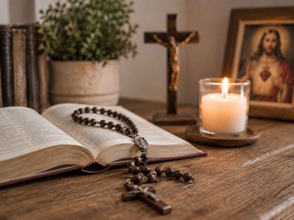 simple rosary display in Catholic prayer space