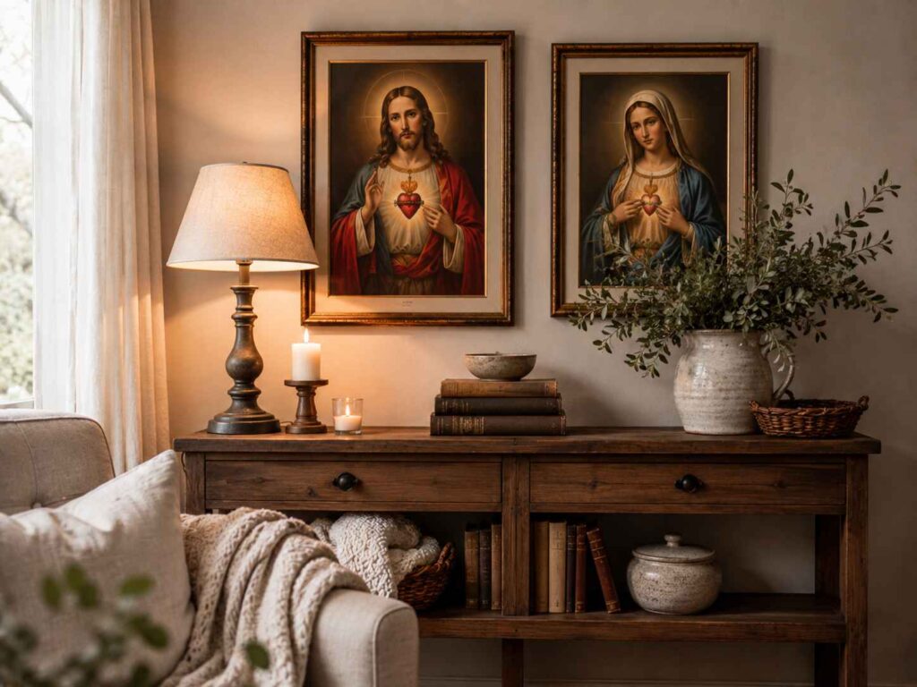 Sacred Heart and Marian Catholic wall art in living room