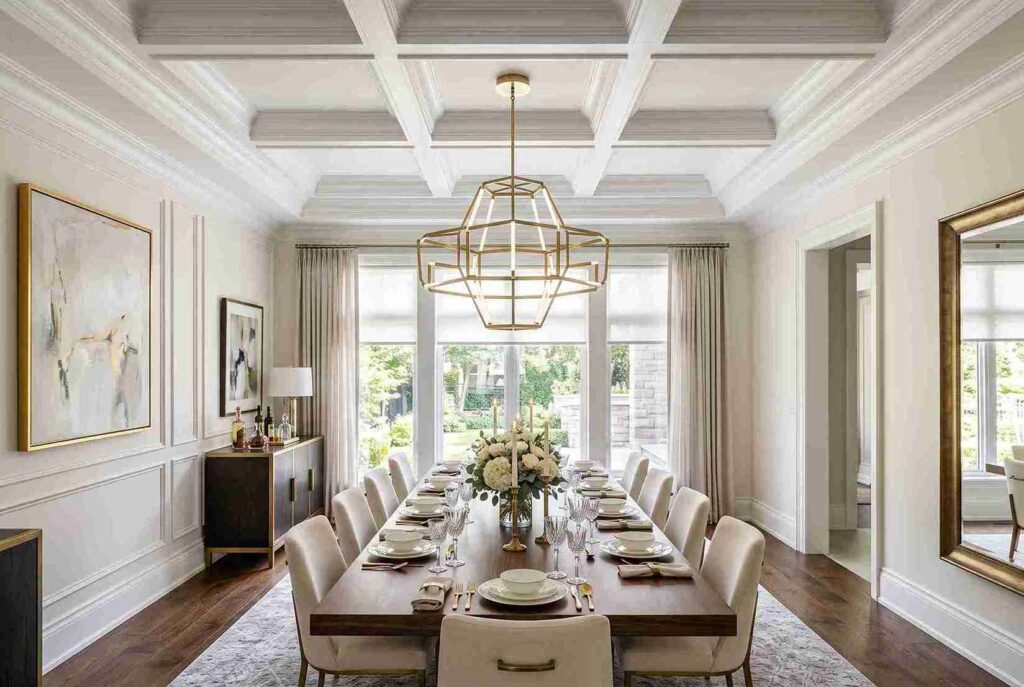 White architectural coffered decorative ceiling in formal dining room