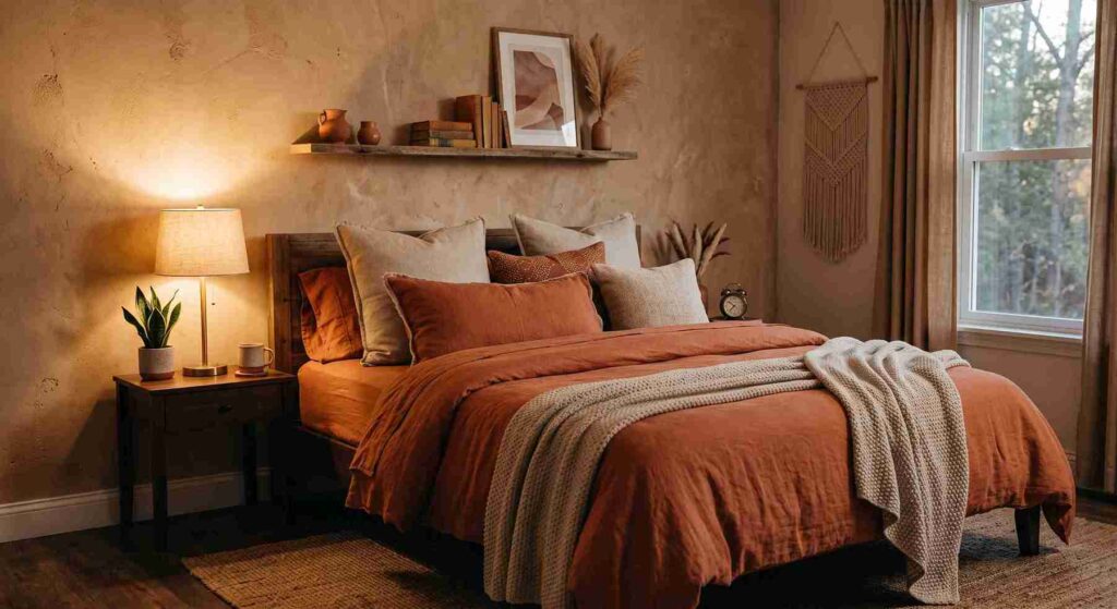 cozy terracotta bedroom design with rust linen bedding