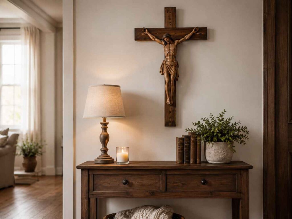 wooden crucifix Catholic wall decor above entryway console