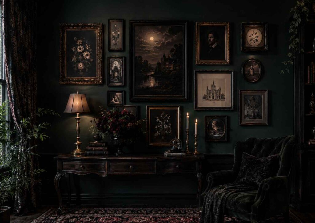 Dark gothic gallery wall with vintage artwork