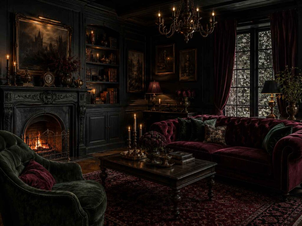 dark Gothic interior color palette with burgundy and forest green
