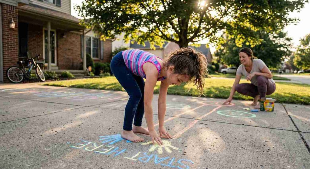 Outdoor gymnastics practice using sidewalk chalk on grass or driveway
