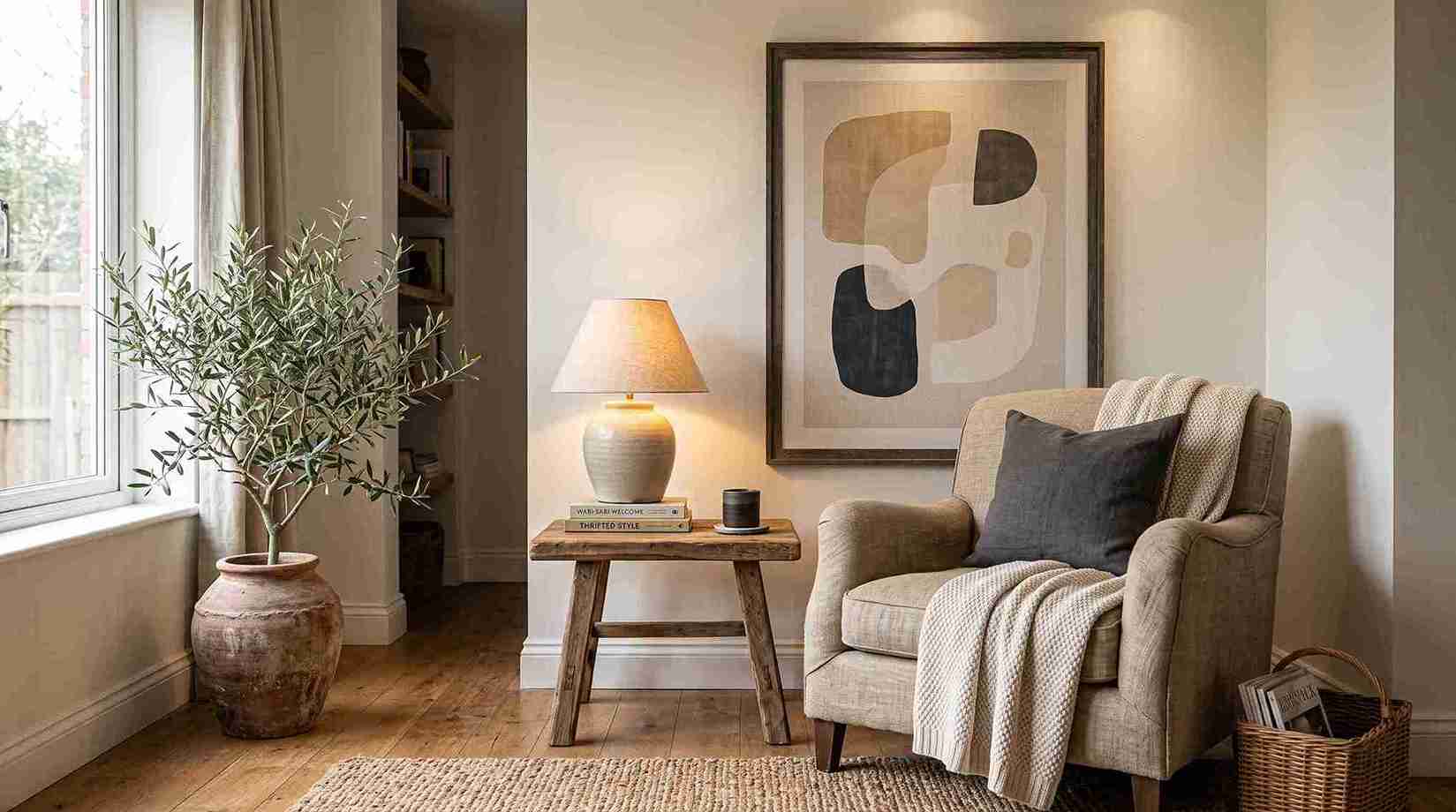Warm living room styled with economy home decor featuring thrifted wood table and layered lighting