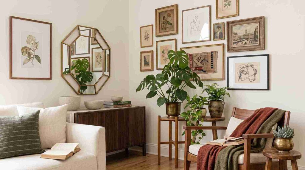 Eclectic interior decor setup featuring plants and layered textures