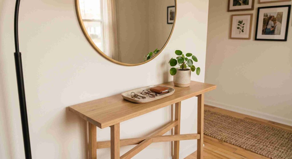 Minimalist entryway setup featuring console table and round mirror