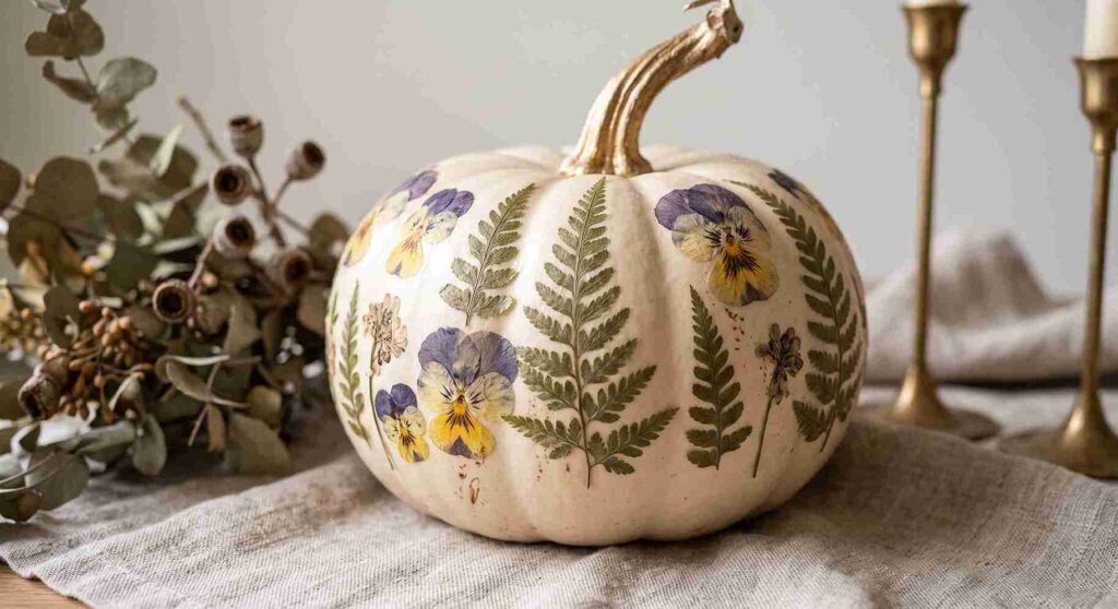 pressed floral decoupage on white pumpkin for creative pumpkin decorating ideas