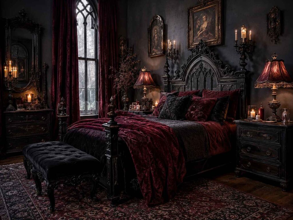 goth home decor bedroom with velvet bedding and vintage furniture