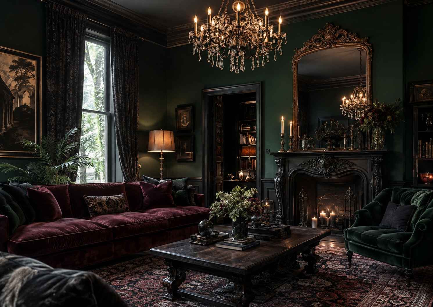 Elegant gothic decor home living room with velvet furniture