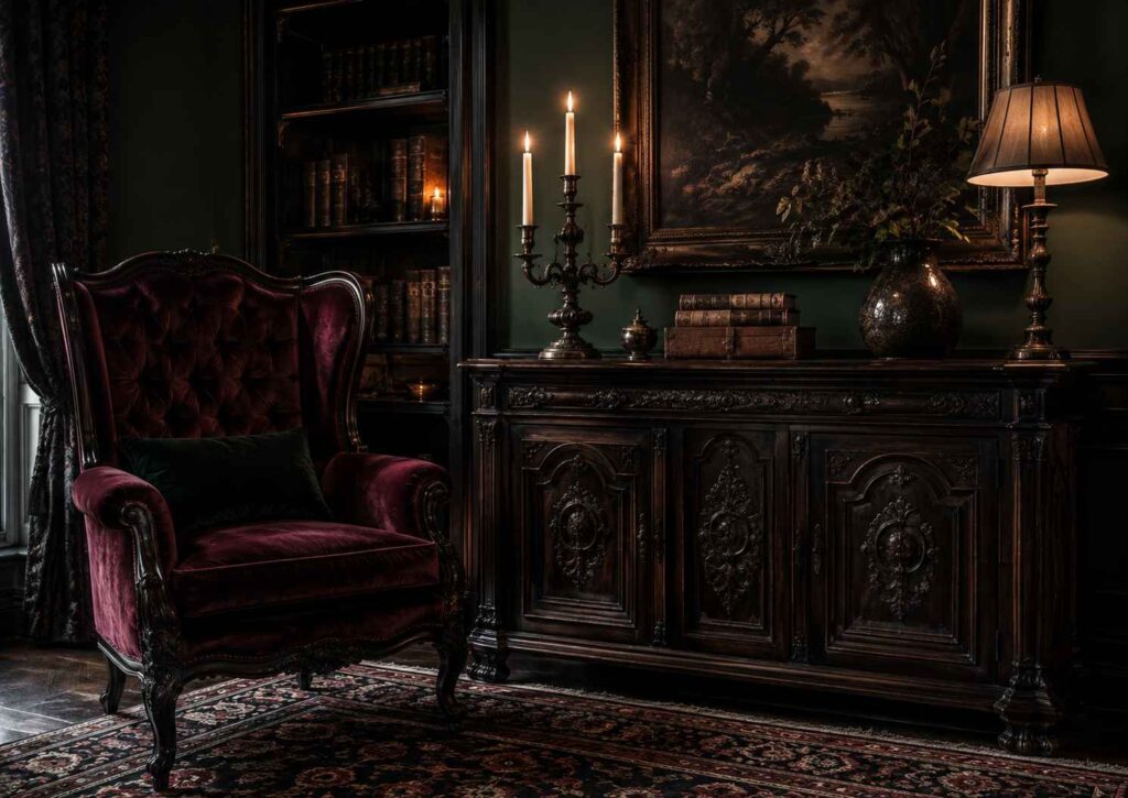 High-back velvet chair beside a carved wooden sideboard