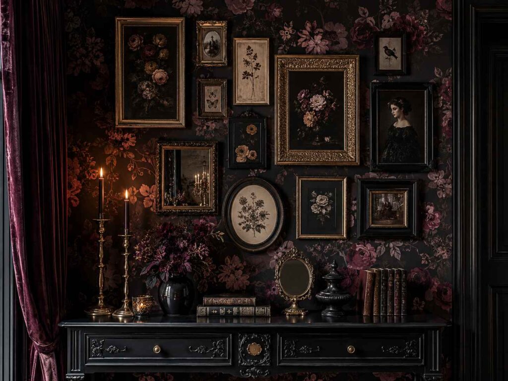 Gothic wall decor with dark floral wallpaper and vintage frames