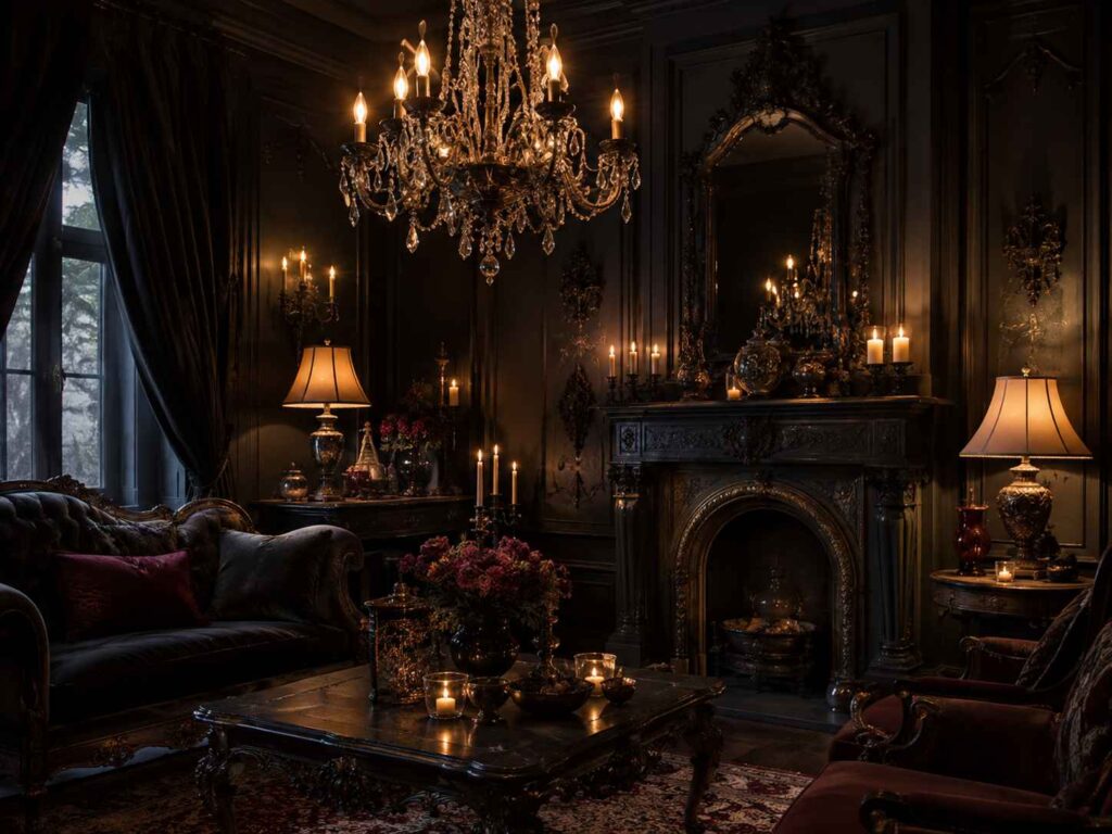 Gothic lighting ideas with chandelier candles and warm ambient light